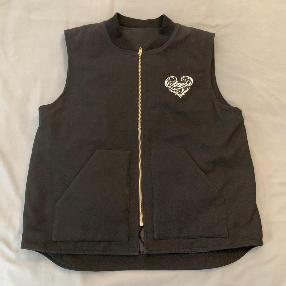 Amor Heart Vest Mens Large Black Canvas Quilted Full Zip Lined‎ Pockets Rodeo